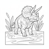 Coloriage tricératops au bord d’une rivière avec roseaux, plein cadre à imprimer