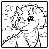 Coloriage tricératops portrait héroïque (tête et collerette dominantes) avec soleil et nuages à imprimer