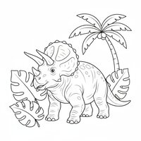 Coloriage tricératops dans la jungle avec grandes feuilles et palmier stylisé à imprimer