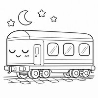 Coloriage wagon-lit kawaii avec visage endormi, lune et étoiles, facile pour enfant | Toupty.com