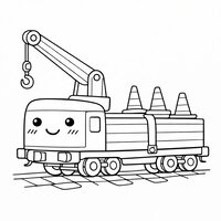 Coloriage wagon grue cartoon avec crochet et cônes de chantier, wagon rigolo, enfant | Toupty.com