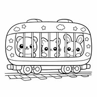 Coloriage wagon transport d’animaux kawaii avec petites silhouettes derrière des barreaux, enfant | Toupty.com