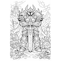 Coloriage fantasy MMORPG : guerrier en armure massive, épée large, pose héroïque (style WoW)