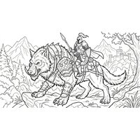 Coloriage fantasy MMORPG : monture originale loup ou sanglier de guerre avec selle simple et cavalier générique