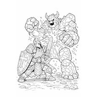 Coloriage fantasy MMORPG : combat gentillet entre héros en armure et golem de pierre, étoiles d’impact en contours
