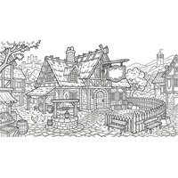 Coloriage fantasy MMORPG : scène de village avec taverne, panneau en bois sans texte, puits et palissade