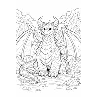Coloriage fantasy MMORPG : dragon robuste stylisé non effrayant, ailes larges, expression douce, montagnes et nuages