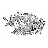 Coloriage fantasy MMORPG : loot d’équipement avec épée, hache, bouclier et casque en éventail, runes simples