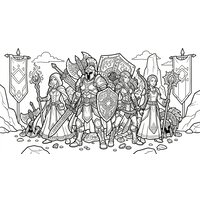 Coloriage fantasy MMORPG : groupe de 4 aventuriers originaux (guerrier, mage, archer, soigneur) en formation en V, décor minimal