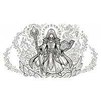 Coloriage fantasy MMORPG : mage à capuche avec bâton runique, grimoire ouvert et étincelles magiques