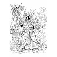 Coloriage fantasy MMORPG : chaman/invoqueur avec totem en bois sculpté et vagues d’énergie en contours
