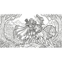 Coloriage fantasy MMORPG : archer/rôdeur avec arc, carquois, cape et loup compagnon original