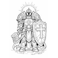 Coloriage fantasy MMORPG : paladin avec marteau énorme, bouclier et halo en contours simples