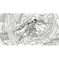 Coloriage fantasy MMORPG : voleur capuchonné avec deux dagues, posture dynamique et lignes d’action