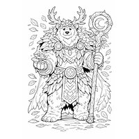 Coloriage fantasy MMORPG : druide métamorphe original mi-humain mi-ours, feuilles en contours autour