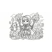 Coloriage fantasy MMORPG : démoniste non effrayant avec bâton et petit familier imp cartoon, flammes en contours
