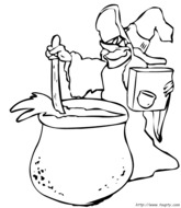 sorcière prépare potion dans chaudron