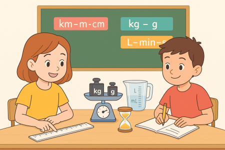 Deux élèves de CM2 travaillent sur les grandeurs et mesures avec une règle, une balance, un verre doseur et un sablier devant un tableau de classe.