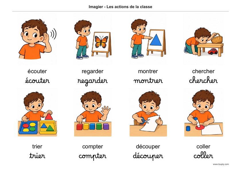 Écouter, regarder, montrer, chercher, trier, compter, découper et coller, avec les mots en français, en script et cursive, couleur