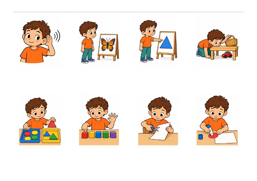 Huit actions de la classe illustrées par un enfant, en couleur, sans mots imprimés