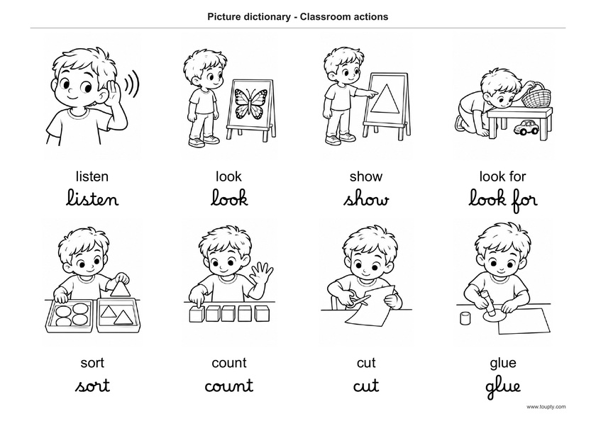 Écouter, regarder, montrer, chercher, trier, compter, découper et coller, avec les mots en anglais, en script et cursive, noir et blanc