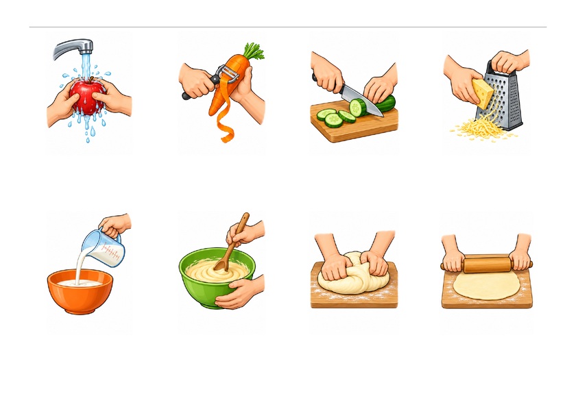 Huit actions en cuisine : laver, éplucher, couper, râper, verser, mélanger, pétrir et étaler, en couleur, sans mots imprimés