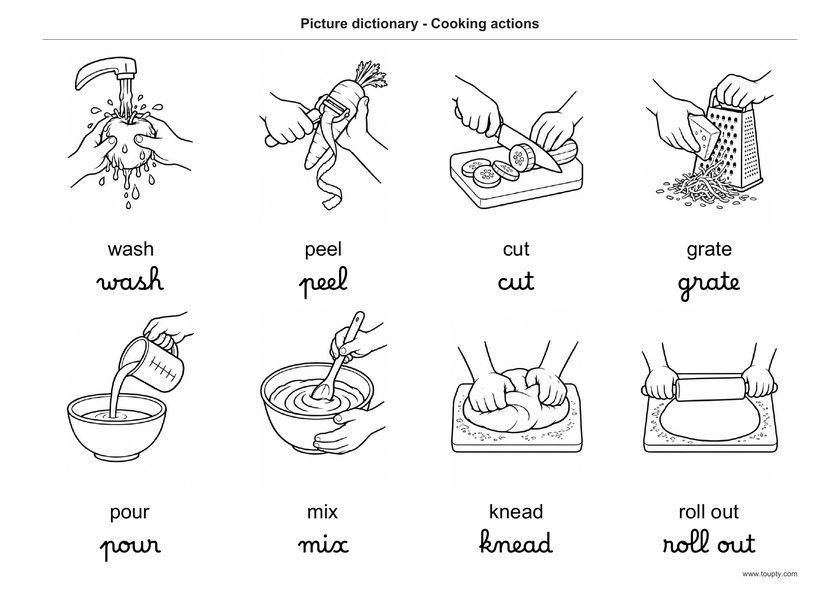 Laver, éplucher, couper, râper, verser, mélanger, pétrir et étaler, avec les mots en anglais, en script et cursive, noir et blanc