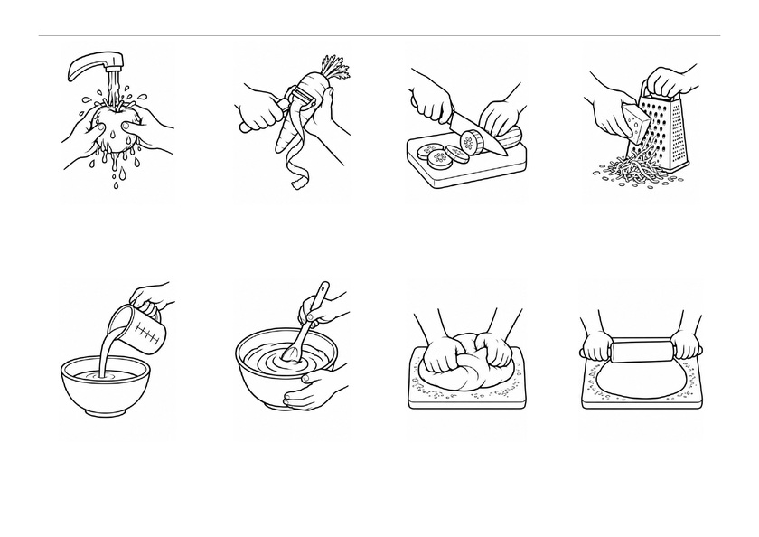 Huit actions en cuisine : laver, éplucher, couper, râper, verser, mélanger, pétrir et étaler, en noir et blanc, sans mots imprimés