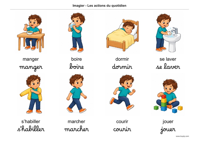 Huit actions du quotidien, avec leurs verbes en français, en script et cursive, couleur