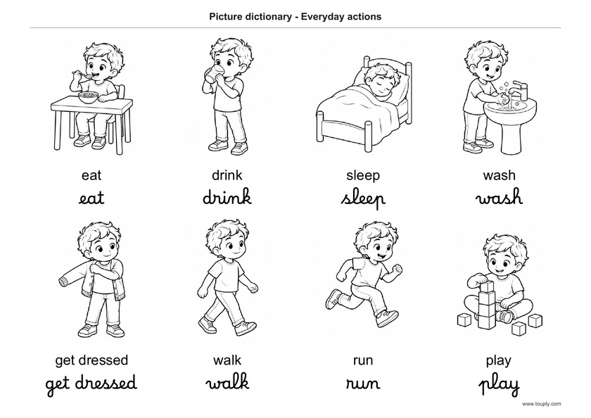 Huit actions du quotidien, avec leurs verbes en anglais, en script et cursive, noir et blanc