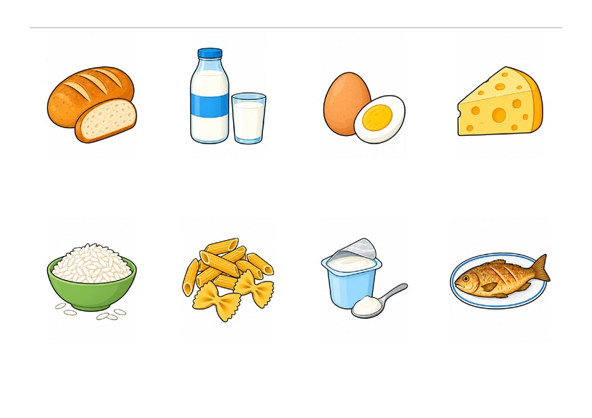 Huit aliments du quotidien : pain, lait, œuf, fromage, riz, pâtes, yaourt et poisson, en couleur, sans mots imprimés