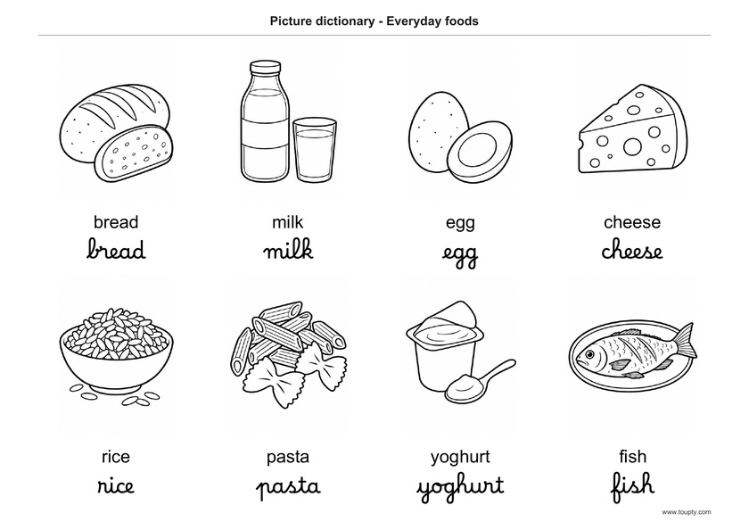 Pain, lait, œuf, fromage, riz, pâtes, yaourt et poisson, avec les mots en anglais, en script et cursive, noir et blanc