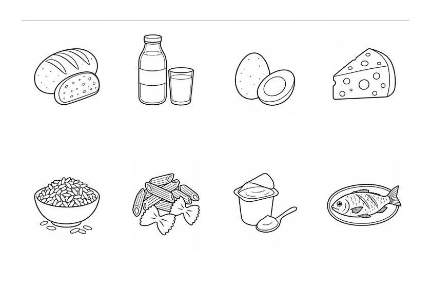 Huit aliments du quotidien : pain, lait, œuf, fromage, riz, pâtes, yaourt et poisson, en noir et blanc, sans mots imprimés