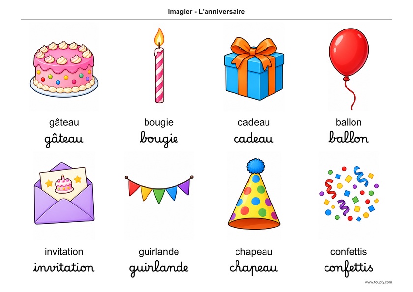 Gâteau, bougie, cadeau, ballon, invitation, guirlande, chapeau et confettis, avec les mots en français, en script et cursive, couleur