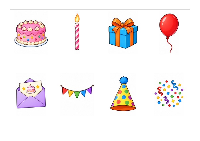 Huit images de l’anniversaire : gâteau, bougie, cadeau, ballon, invitation, guirlande, chapeau et confettis, en couleur, sans mots imprimés