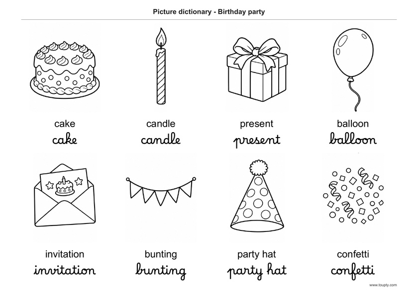 Gâteau, bougie, cadeau, ballon, invitation, guirlande, chapeau et confettis, avec les mots en anglais, en script et cursive, noir et blanc