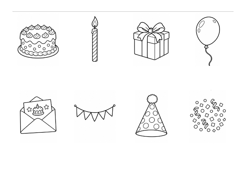 Huit images de l’anniversaire : gâteau, bougie, cadeau, ballon, invitation, guirlande, chapeau et confettis, en noir et blanc, sans mots imprimés