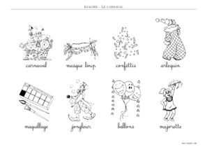 imagier carnaval a colorier texte écriture cursive