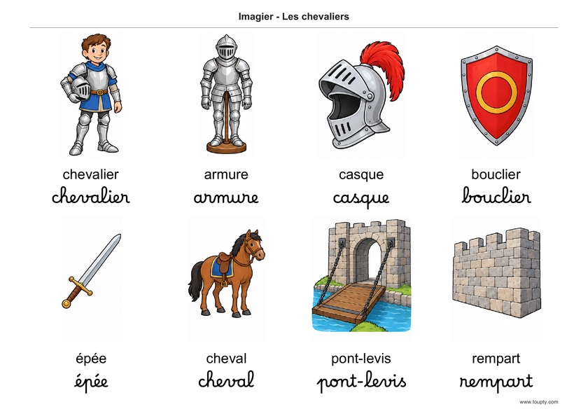 Chevalier, armure, casque, bouclier, épée, cheval, pont-levis et rempart, avec les mots en français, en script et cursive, couleur