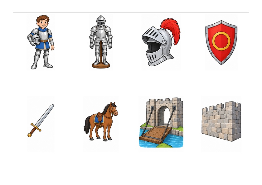 Huit images des chevaliers : chevalier, armure, casque, bouclier, épée, cheval, pont-levis et rempart, en couleur, sans mots imprimés