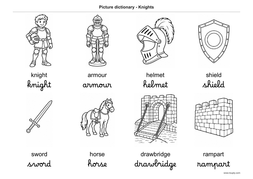 Chevalier, armure, casque, bouclier, épée, cheval, pont-levis et rempart, avec les mots en anglais, en script et cursive, noir et blanc