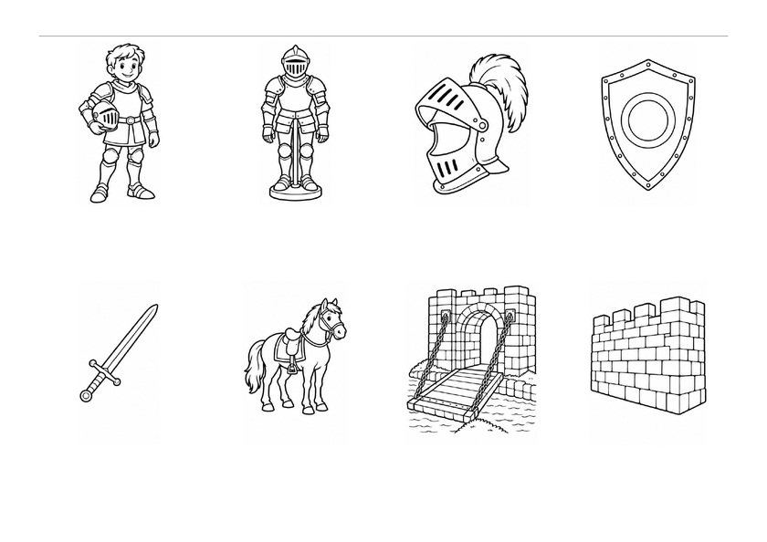 Huit images des chevaliers : chevalier, armure, casque, bouclier, épée, cheval, pont-levis et rempart, en noir et blanc, sans mots imprimés