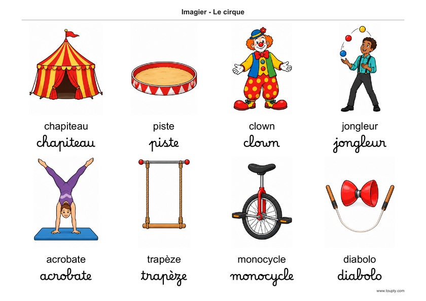Chapiteau, piste, clown, jongleur, acrobate, trapèze, monocycle et diabolo, avec les mots en français, en script et cursive, couleur