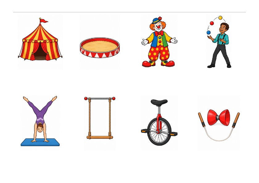 Huit images du cirque : chapiteau, piste, clown, jongleur, acrobate, trapèze, monocycle et diabolo, en couleur, sans mots imprimés