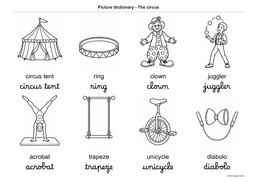 Chapiteau, piste, clown, jongleur, acrobate, trapèze, monocycle et diabolo, avec les mots en anglais, en script et cursive, noir et blanc