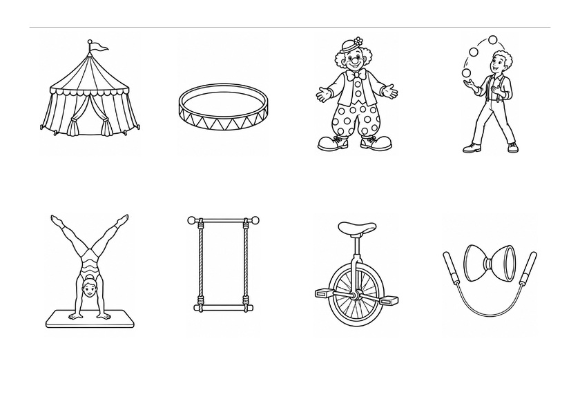 Huit images du cirque : chapiteau, piste, clown, jongleur, acrobate, trapèze, monocycle et diabolo, en noir et blanc, sans mots imprimés