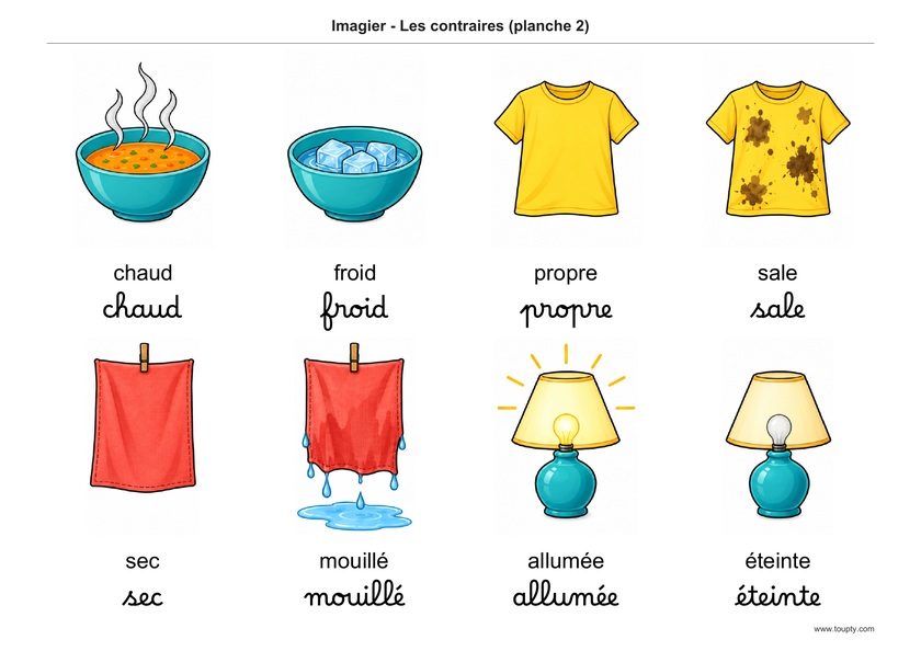 Bols chaud et froid, tee-shirts propre et sale, torchons sec et mouillé, lampes allumée et éteinte, mots en français, script et cursive, couleur