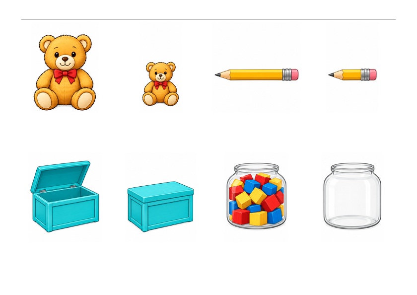 Oursons grand et petit, crayons long et court, coffres ouvert et fermé, bocaux plein et vide, sans texte, couleur