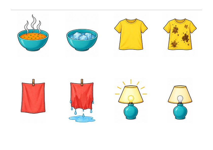 Bols chaud et froid, tee-shirts propre et sale, torchons sec et mouillé, lampes allumée et éteinte, sans texte, couleur