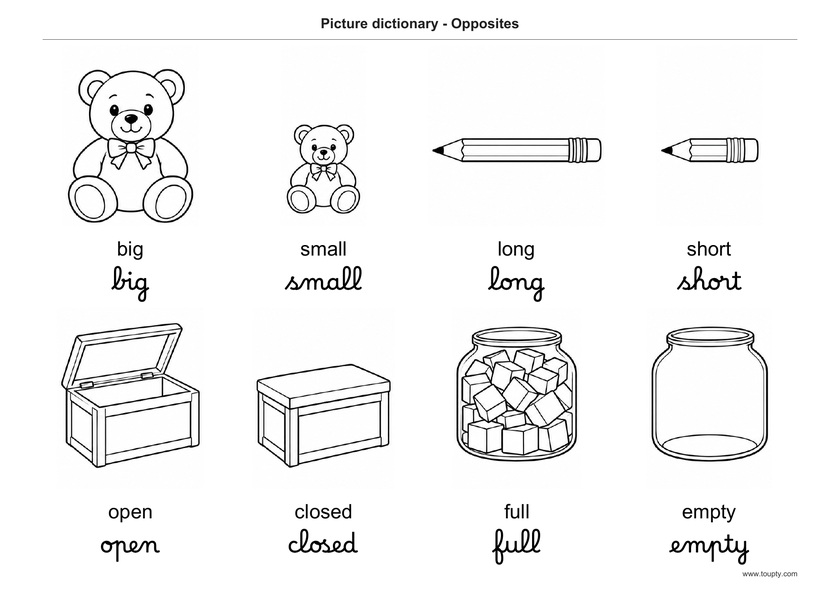 Oursons grand et petit, crayons long et court, coffres ouvert et fermé, bocaux plein et vide, mots en anglais, script et cursive, noir et blanc